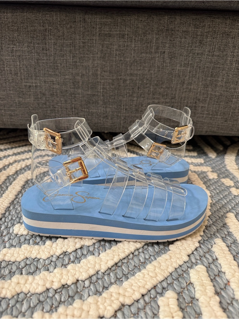 Jessica Simpson Bimala Clear Platform Sandals Blue White Stripe Jelly Sandals